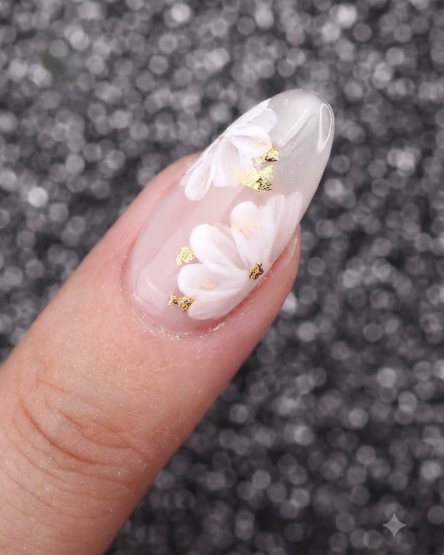 細筆を使って、白いお花の中心にメタリックゴールドの繊細な雄しべを描き込んでいるところ。