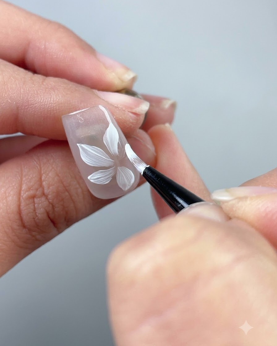 クリアチップに描かれた、ほぼ完成した5枚の白い花のクローズアップ。