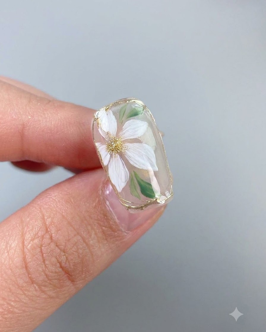白い花とゴールドのトリムを特徴とする完成したフローラルネイルアートのデザイン全体に、ブラシで最後の光沢のあるトップコートを塗っている様子。