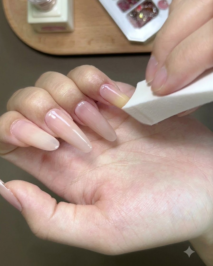 爪の上のイエロージェルを白いスポンジで優しく叩き、グラデーションを作っている様子。