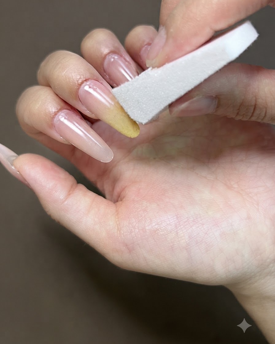 スポンジを使って爪の上のイエロージェルをぼかし、グラデーションエフェクトを作っている様子。