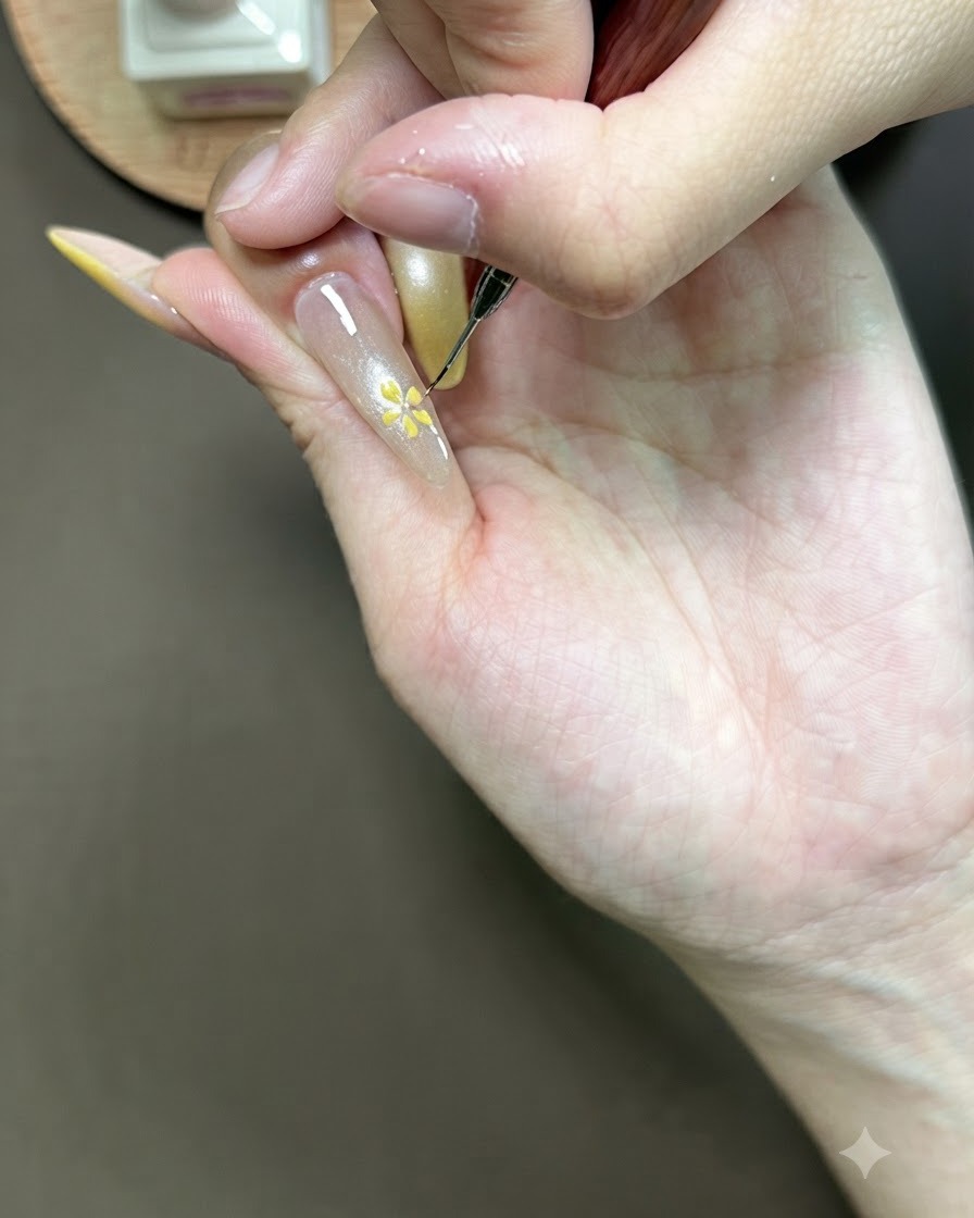 描きたてのフラワーネイルアートを硬化させるため、UVネイルランプの中に手を置いている様子。