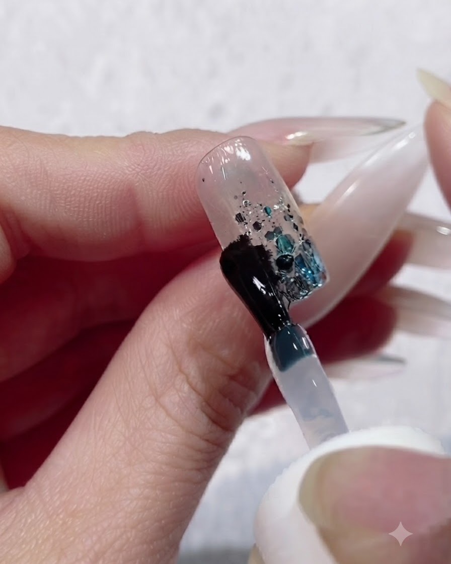 UV/LEDネイルランプの中に手を入れ、爪のビルダージェル層を硬化させているところ。