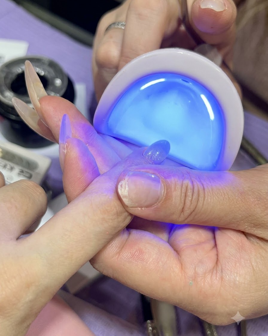 ミニハンディタイプの青いUV/LEDライトの下でジェルネイルを硬化させている手。