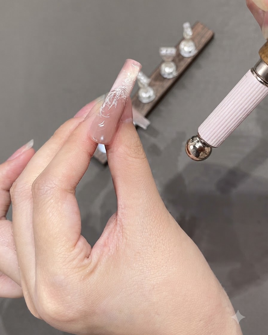 キャッツアイのグリッターを集めるために、マニキュアを塗った爪の先端近くに円柱形のマグネットを近づける様子。