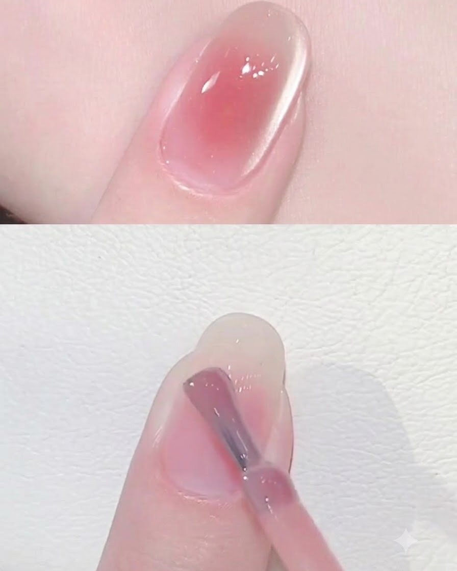 筆を使って爪の表面にあるミルキーホワイトのグラデーションの境目をなじませている様子。