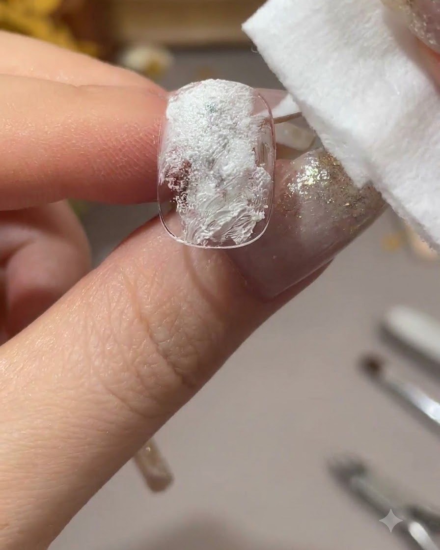 白いジェルが塗布されたネイルに、乾いたコットンパッドを繰り返し押し付けてテクスチャーを作っている様子。