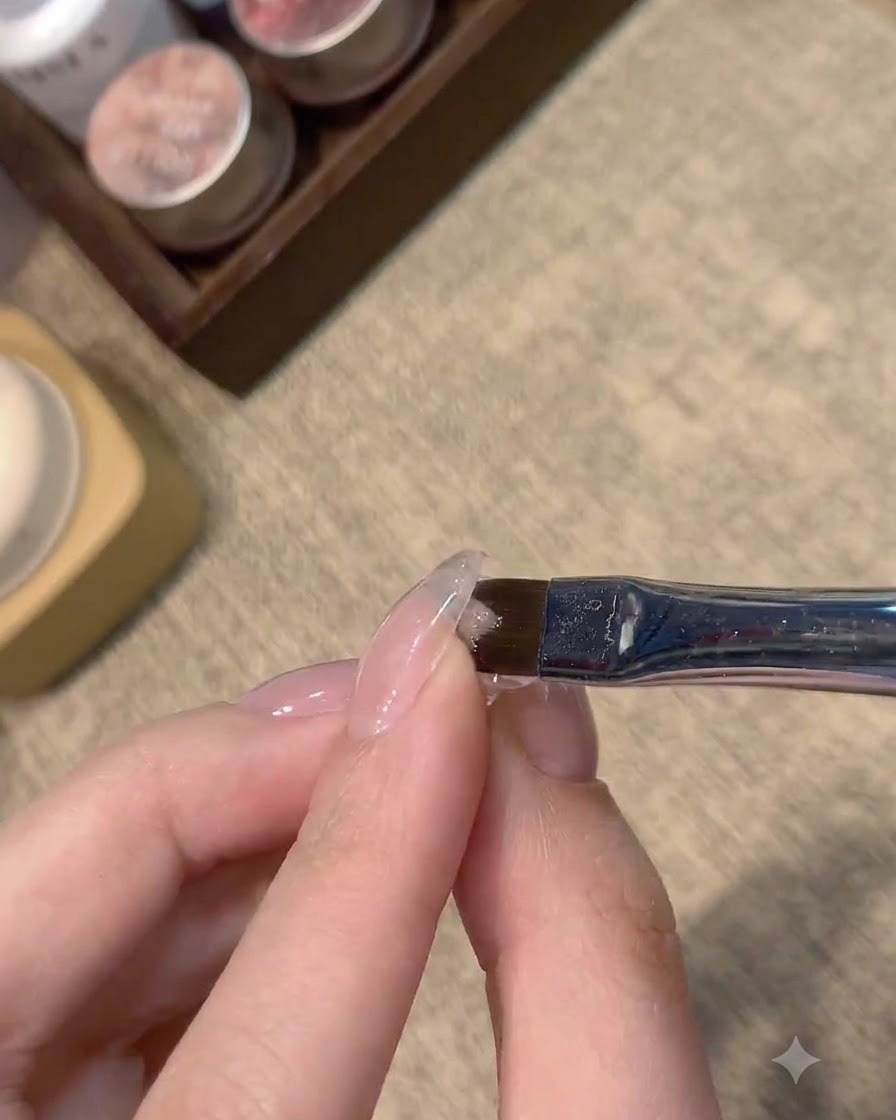 硬化された半透明のヌードネイル表面に置かれたフラットなネイルアートブラシ。