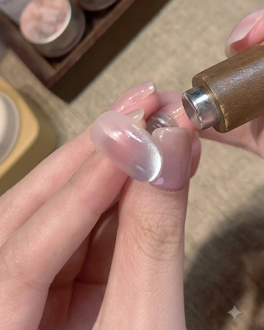 ブルーキャッツアイのシマー効果を操作するために、爪の側面に近づけられたマグネットツール。