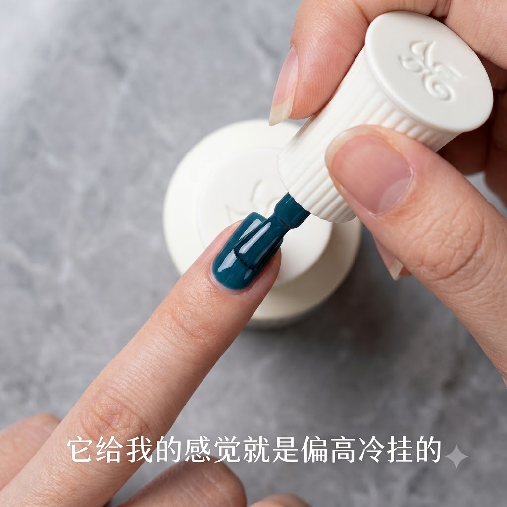 グレーがかったブルーのジェルネイルの上に、マグネットツールで明るい光の筋を引き出している様子。
