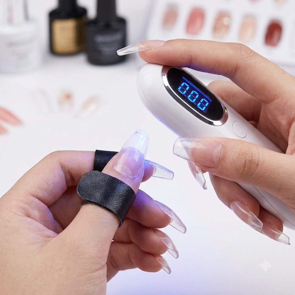 ハンディタイプのミニUV/LEDランプで、デコレーションされたネイルのセットを硬化させている様子。