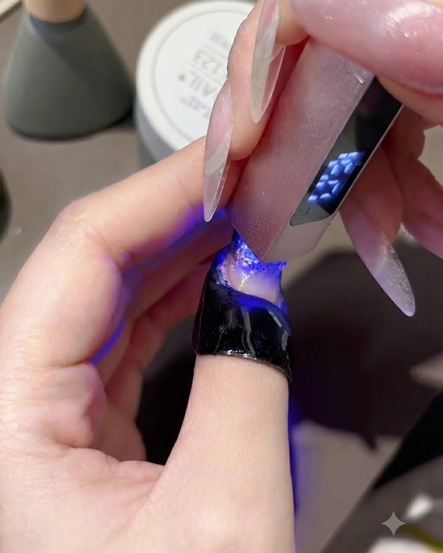 ミニピンクのUV LEDネイルランプで、仕上がった爪のストーンの周囲にある隙間埋めジェルを硬化させている様子。