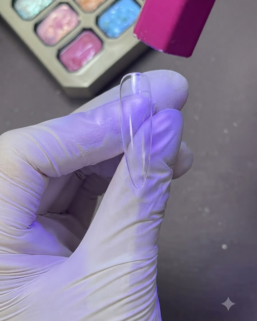 手袋を着用した手が持つ紫色のUV/LEDランプの下で硬化されている透明なネイルチップ。