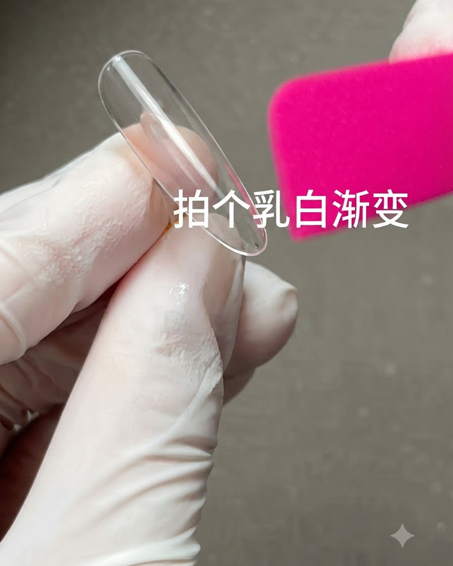 中国語のテキストがフレームにオーバーレイされたピンクのスポンジの隣で、手袋を着用した手に保持されているクリアなネイルディスプレイチップ。