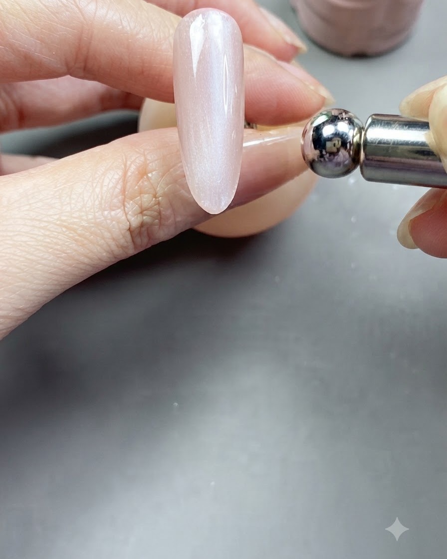 磁気ハイライトを形作るために、キャッツアイジェルが塗られたネイルの近くにメタルボールマグネットツールが保持されている様子。
