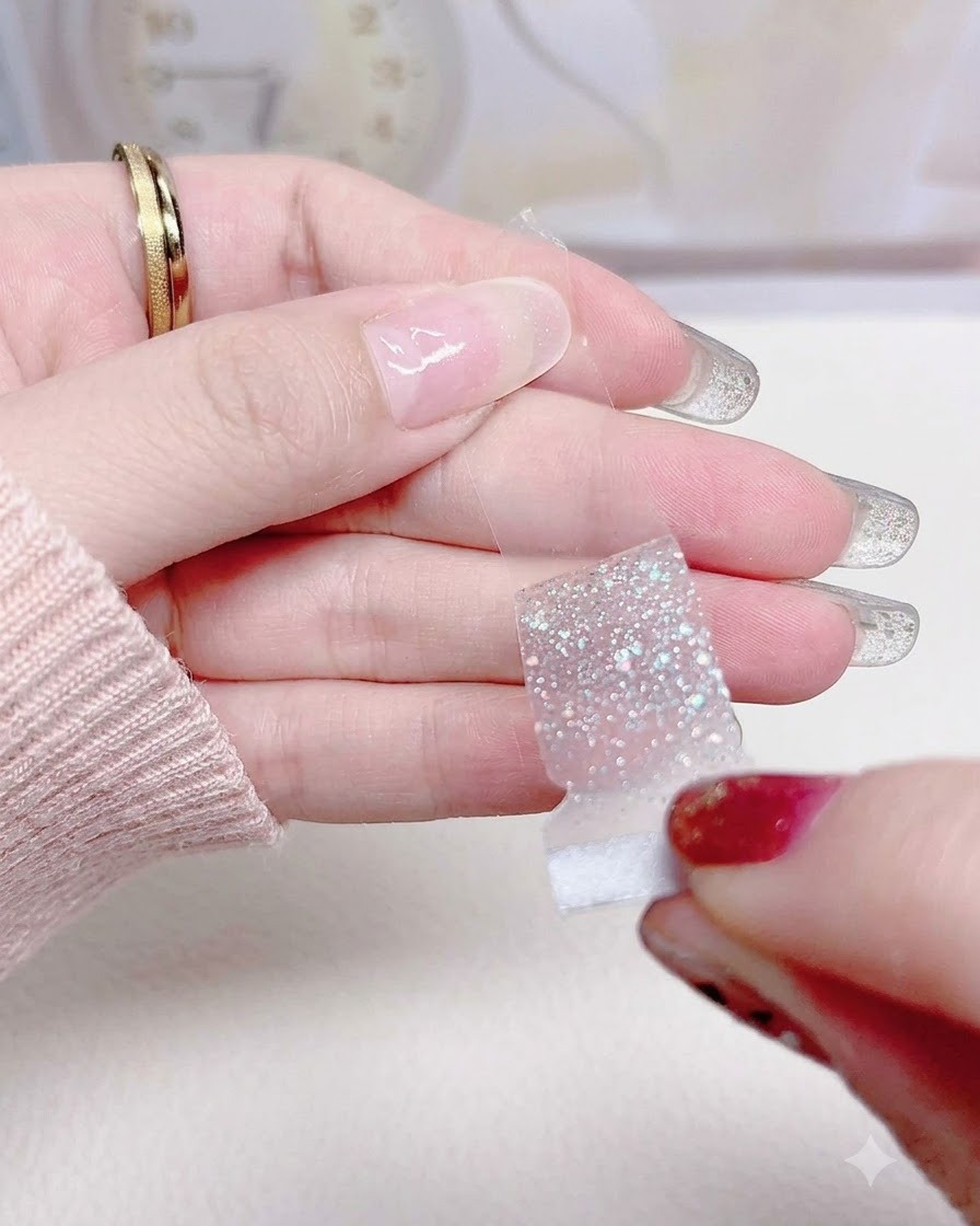 透明なプラスチックの台紙から、シルバーラメネイルシールを慎重に手で剥がしている様子。