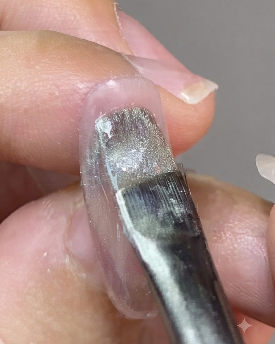 ネイル表面にキラキラしたキャッツアイジェルを筆で塗る様子
