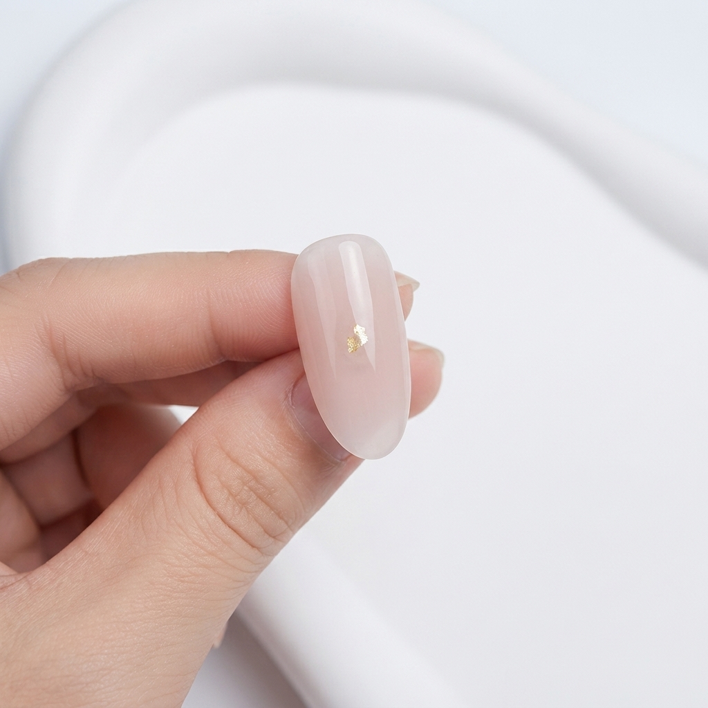小さなゴールドフォイルのアクセントが付いた仕上がりのヌードピンクのネイルを、白い背景の前で指で挟んでいる様子。