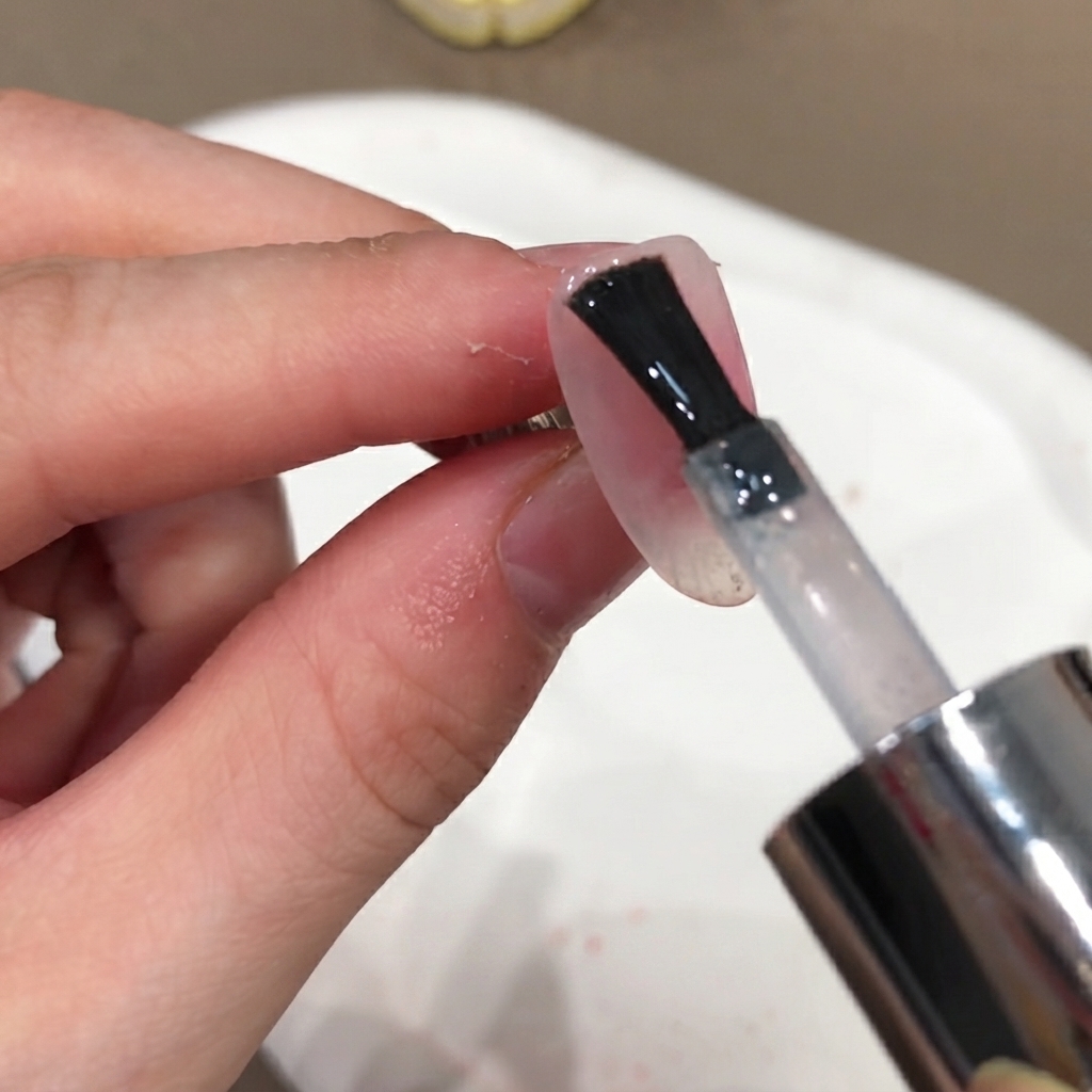 ネイルポリッシュのブラシが、マニキュアされた爪の表面に透明なノンワイプトップコートを塗布している様子。