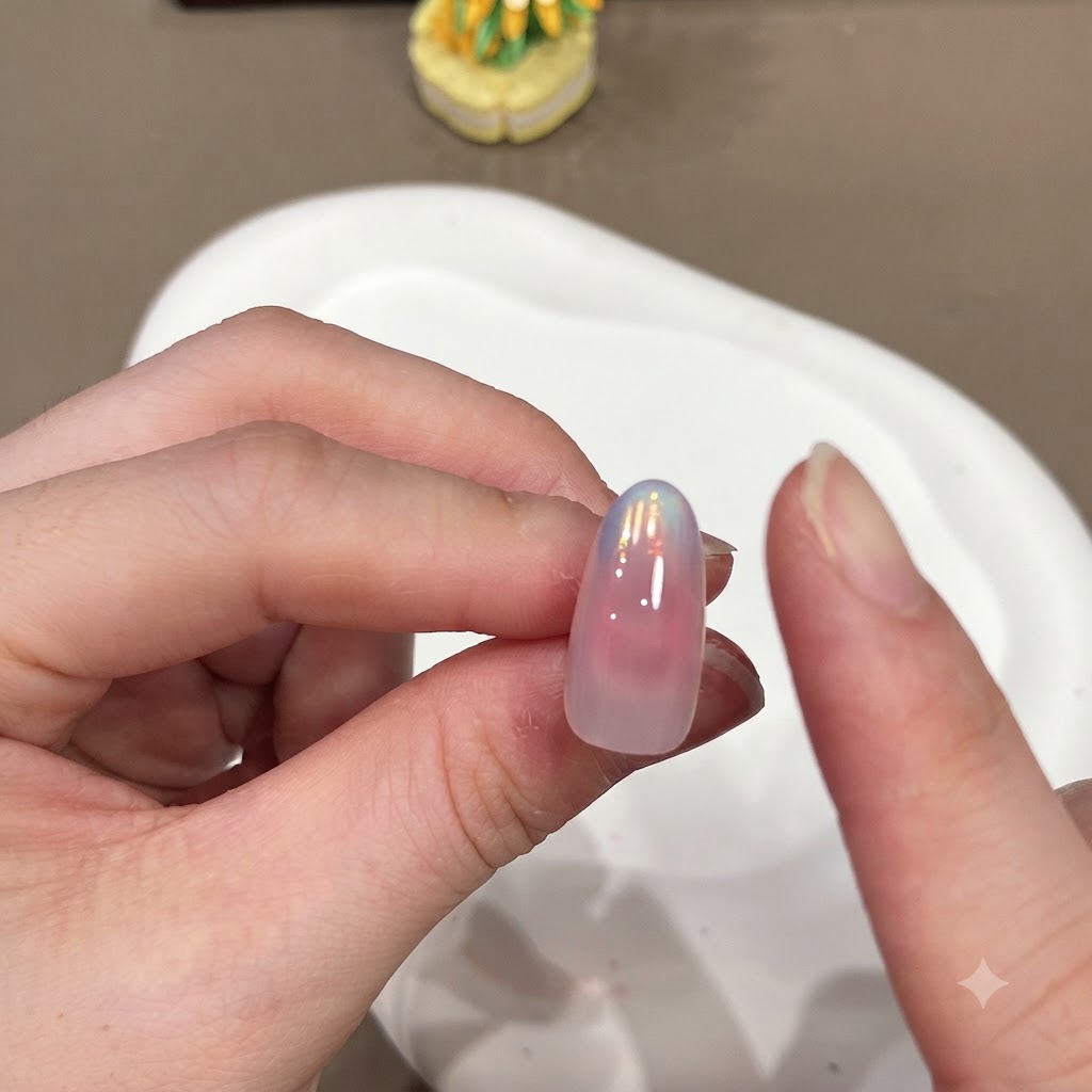 光沢のあるグラデーションネイルのエッジから余分なオーロラパウダーを指で拭き取っている様子。