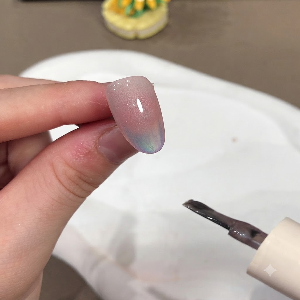 キャッツアイの光効果を形作るために、マニキュアされた爪の近くにあるブラシとマグネット。