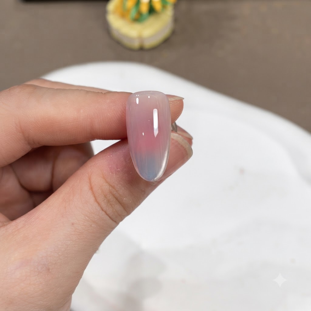 最終硬化の準備ができた、光沢のあるトップコート層を示す完成したマニキュアの爪。