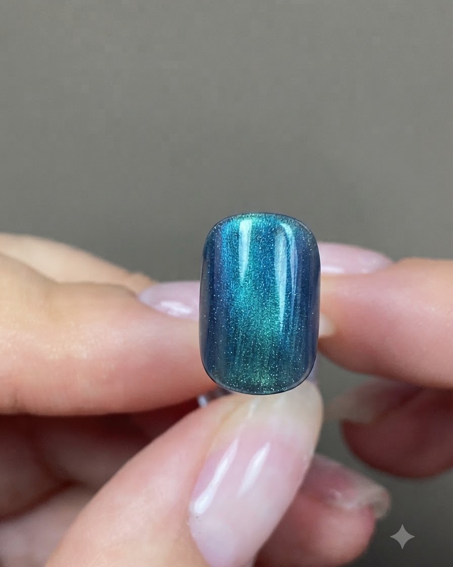セルフレベリングによって表面が滑らかでぷっくりとしたブルーグリーンのツヤのあるネイルチップ。