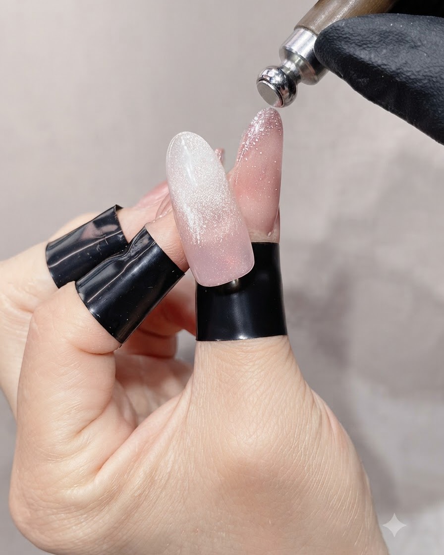円柱型のマグネットをネイルの上にかざし、キャッツアイ効果を作っている様子。