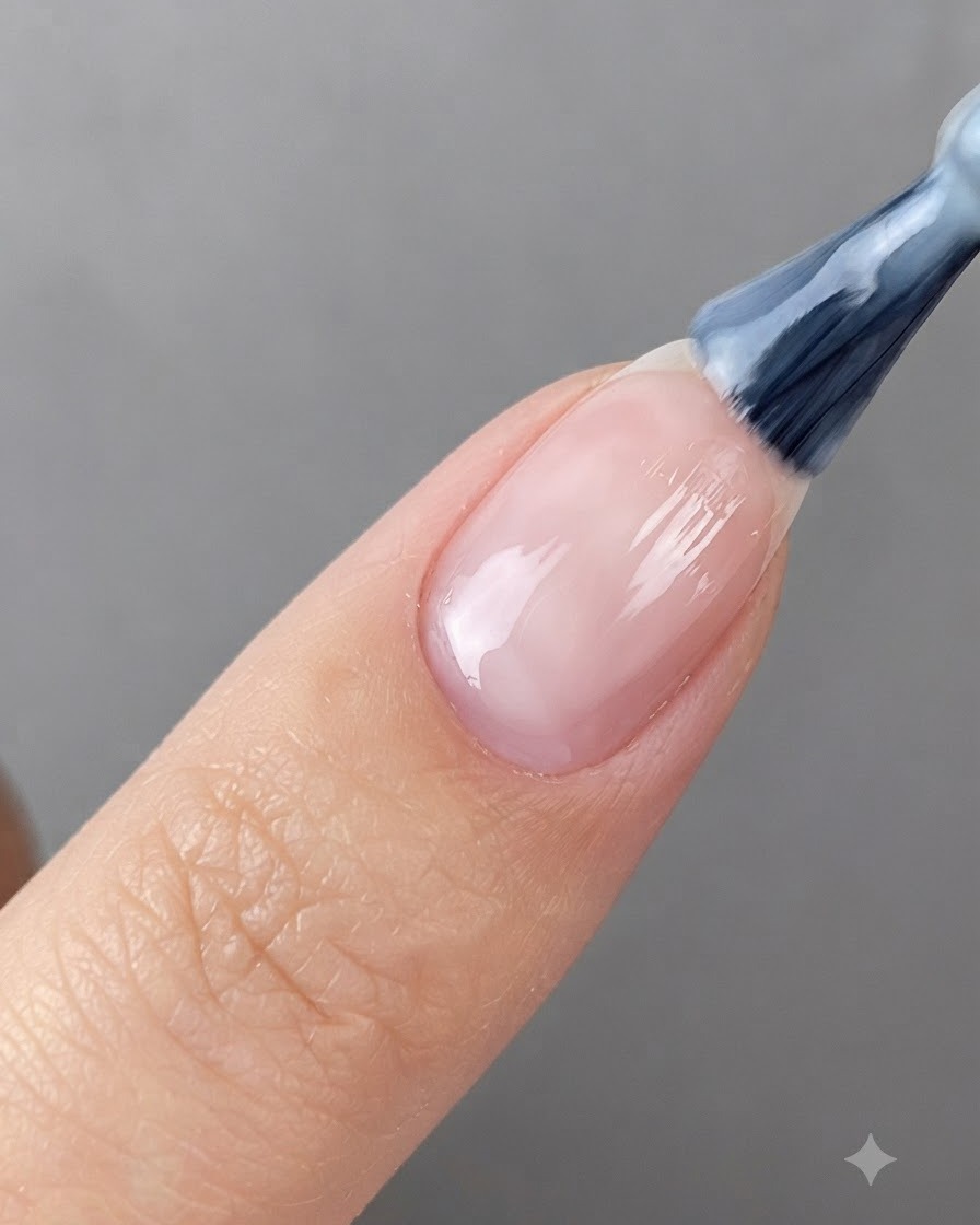 ネイルブラシが下処理済みの爪に半透明ホワイトジェルを塗布している様子。