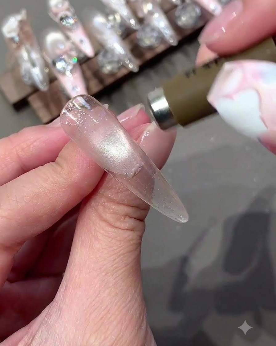 キャッツアイのグリッター粒子を集中させるためにネイルの先端近くに配置された磁石ツール。