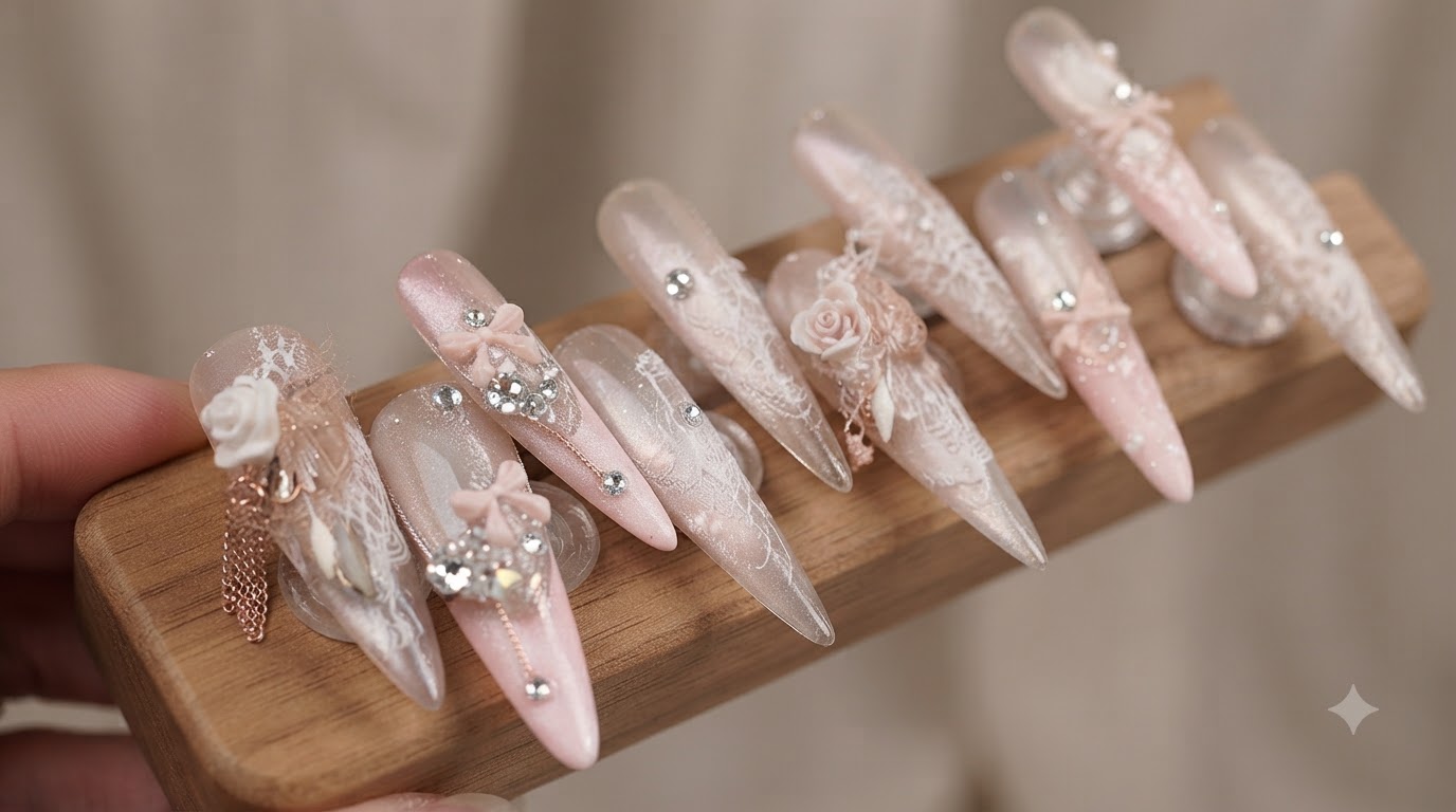 ピンクの気品あふれるプリンセスチップネイル — キャッツアイ＆レースのステップバイステップチュートリアル
