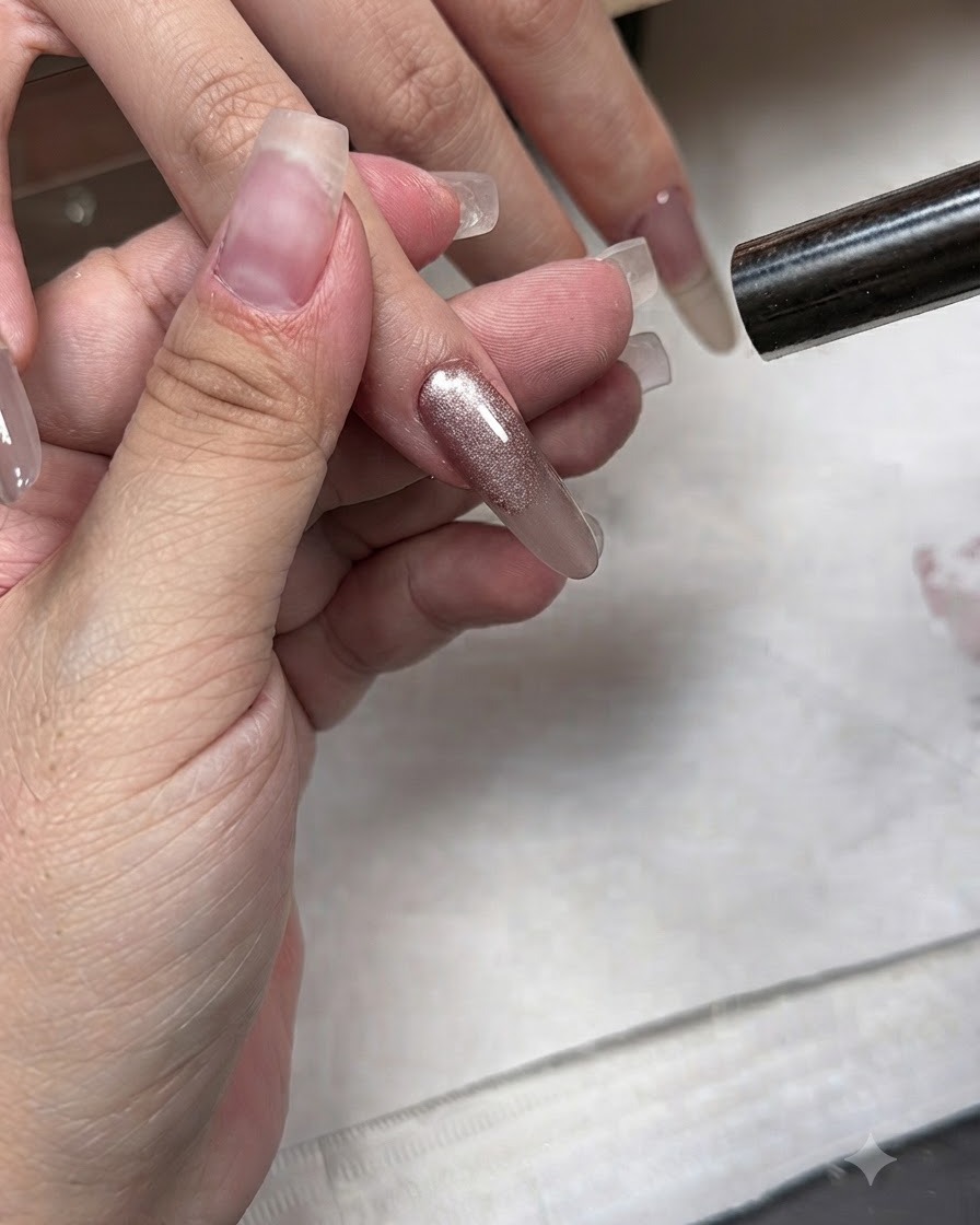 きらめくキャッツアイネイルの上にマグネットスティックをかざし、光の筋を引き出している様子。