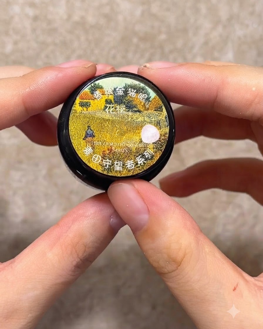 装飾的なラベルの貼られたピンクゴールドのマグネットジェルの小さなコンテナを持つ手。