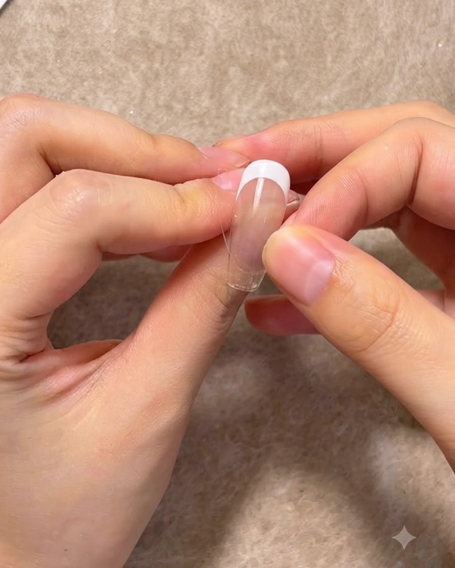 拭き取り済みのネイルチップの表面に、フレンチ用のガイドシールを指で配置する様子。