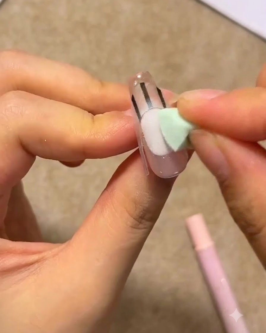 フレンチガイドシールを貼った爪に、小さな緑色のスポンジで白いジェルを軽く叩き込む様子。