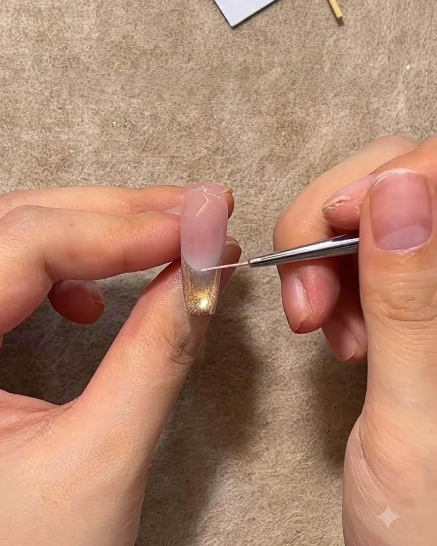 装飾されたネイルの中央を横切るように、細いライナーブラシでピンクの境界線を丁寧に描いている様子。