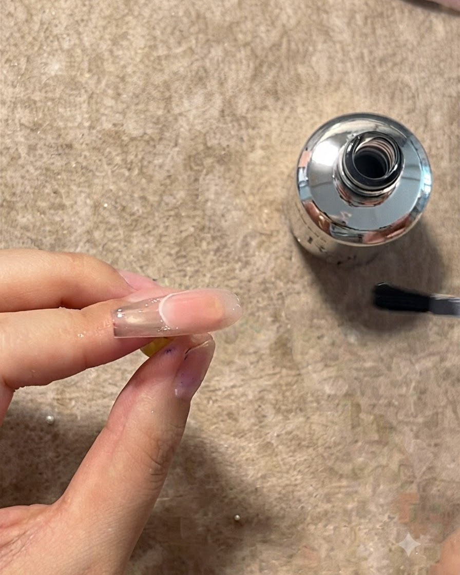 作業台の上でネイルチップホルダーを裏返しに持っている手。