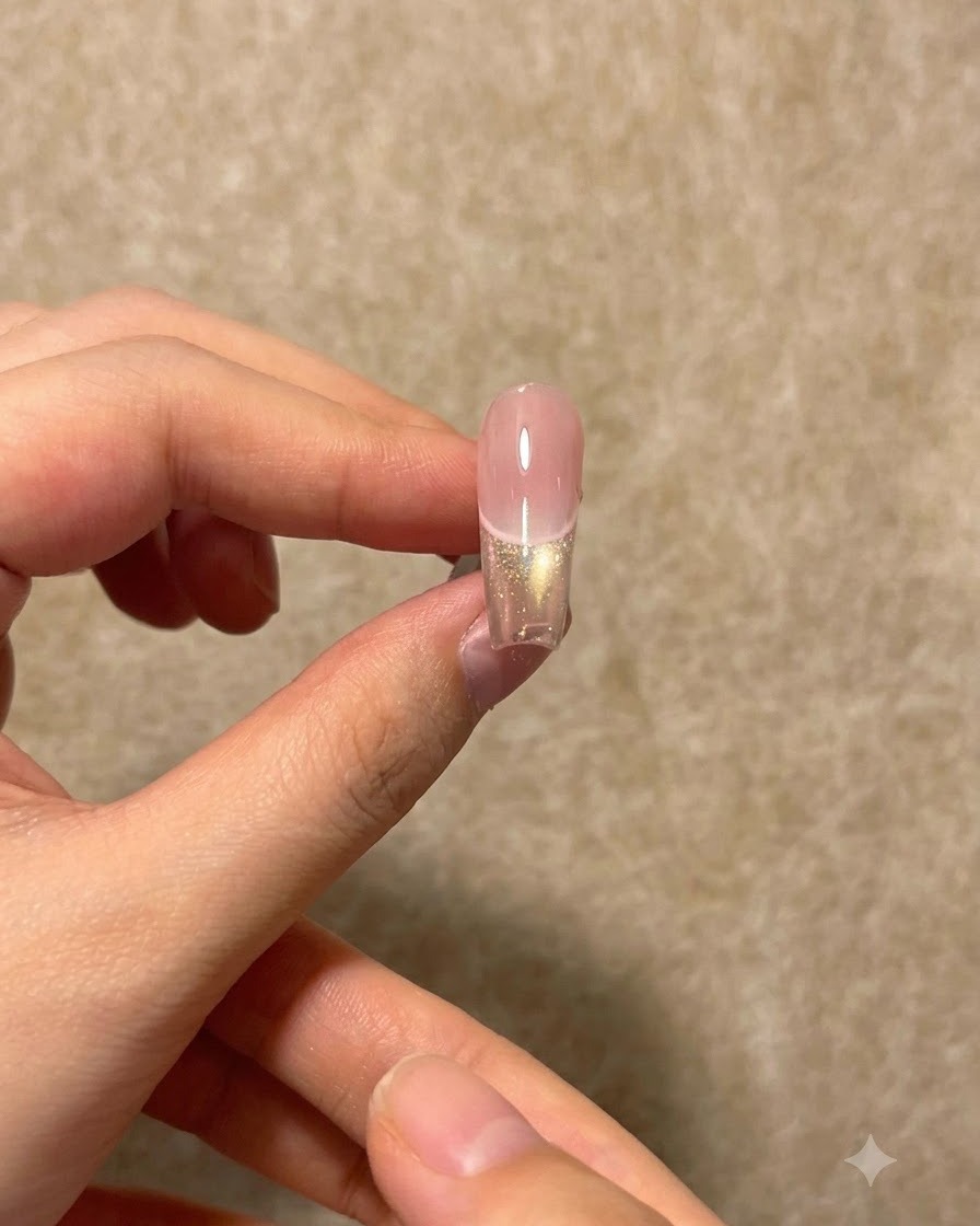 ニュートラルな背景に対して掲げられた、完成したピンクとゴールドのグラデーションフレンチネイルのアップ。