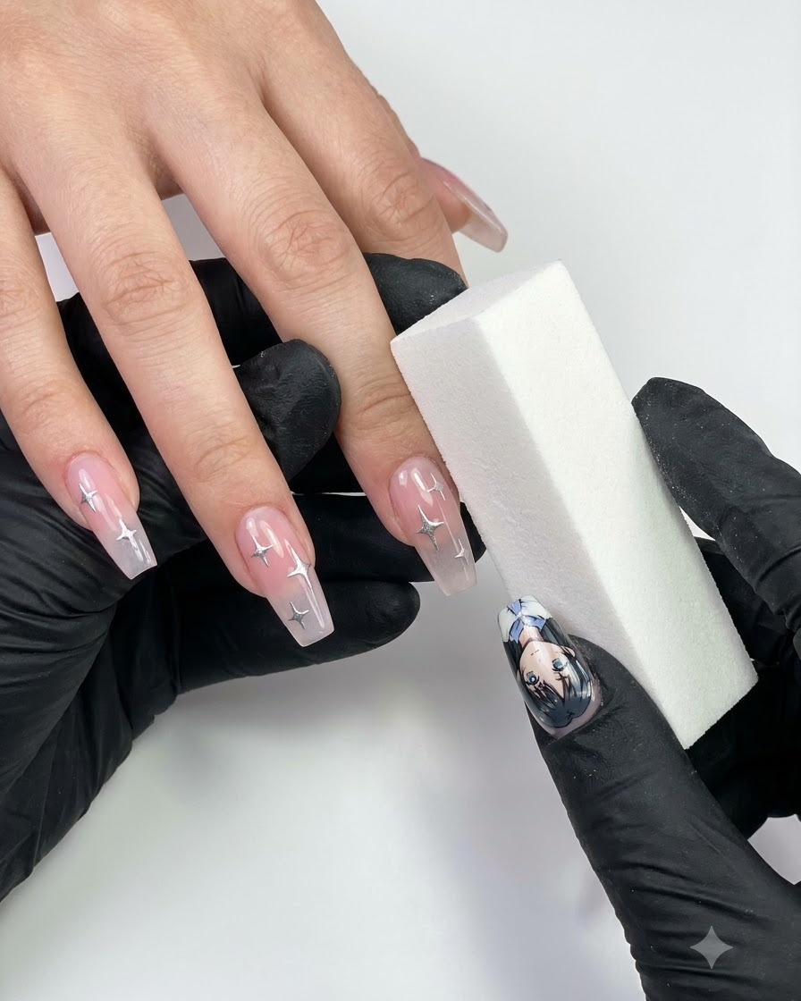 黒い手袋を着用した人物が、マニキュアを施した指のそばでネイルバッファーブロックを持っている様子。