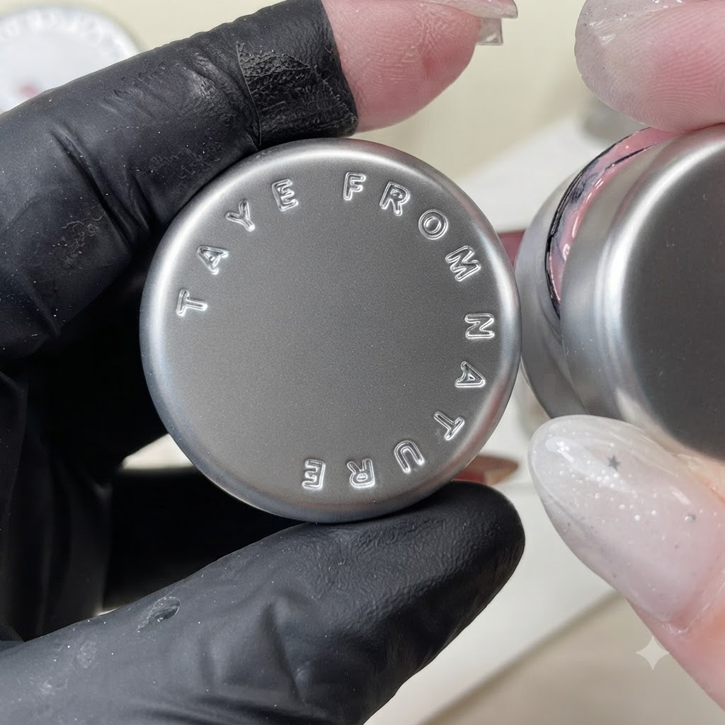 カスタムカラーの準備中に、フタにエンボス加工が施されたピンクのジェルポリッシュの容器を持っている様子。