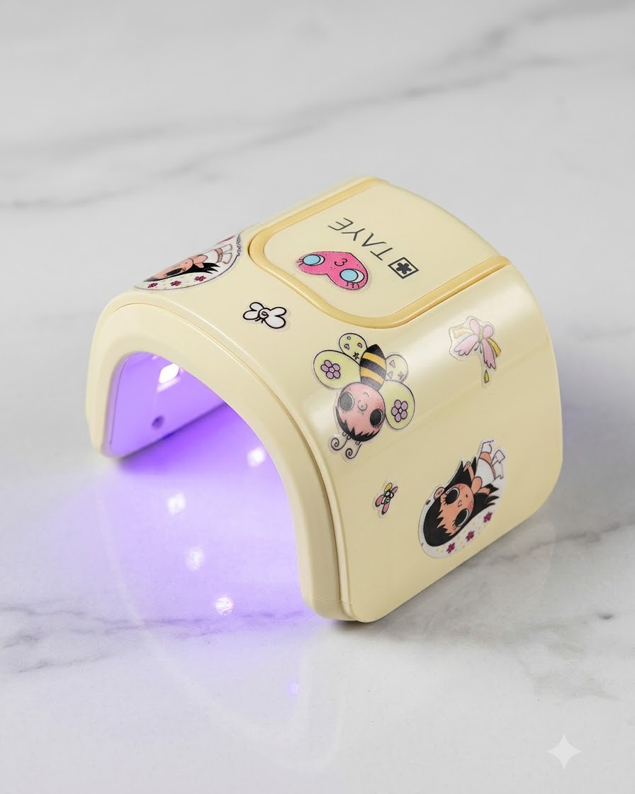 コンパクトなポータブルUV LEDランプの中に手を入れて、最近のネイルアートを硬化させている様子。