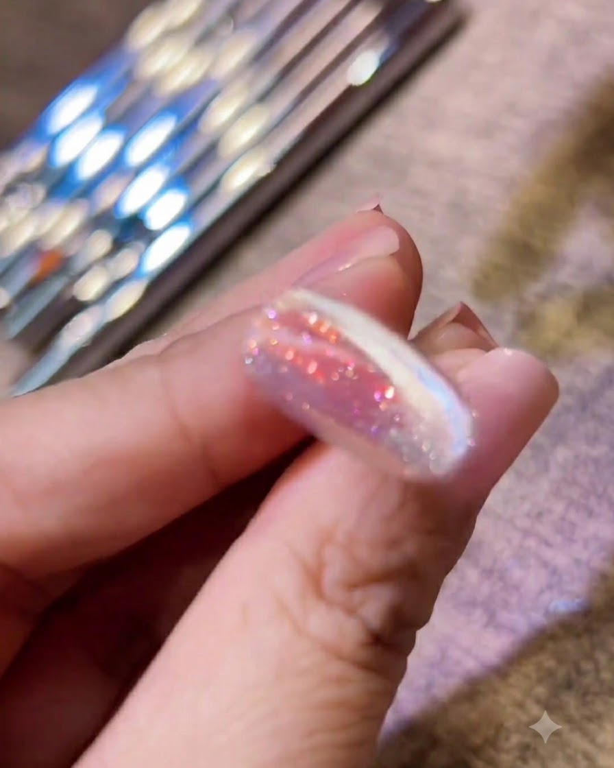 UV/LEDネイルライトの紫色の光の中で手を休め、ジェルを硬化させている様子。