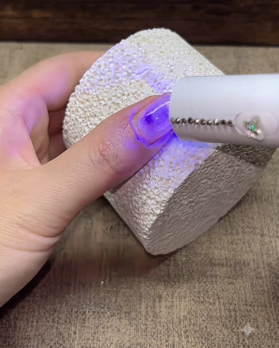 テクスチャーのある白い表面に置いた指に対し、ポータブルUV/LEDネイルライトを当てて硬化させている様子。