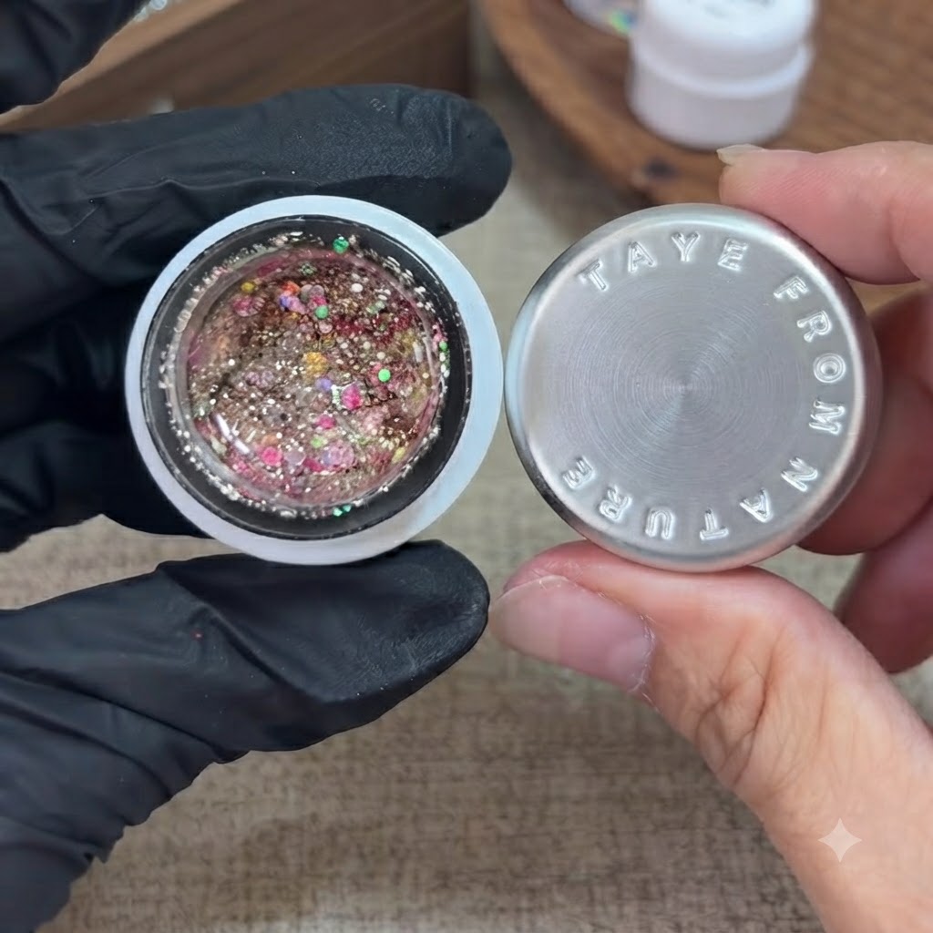 手袋を着用した手がオープンしたグリッタージェルのジャーを持ち、小さなブラシがカラフルな混合液に浸かっている様子。