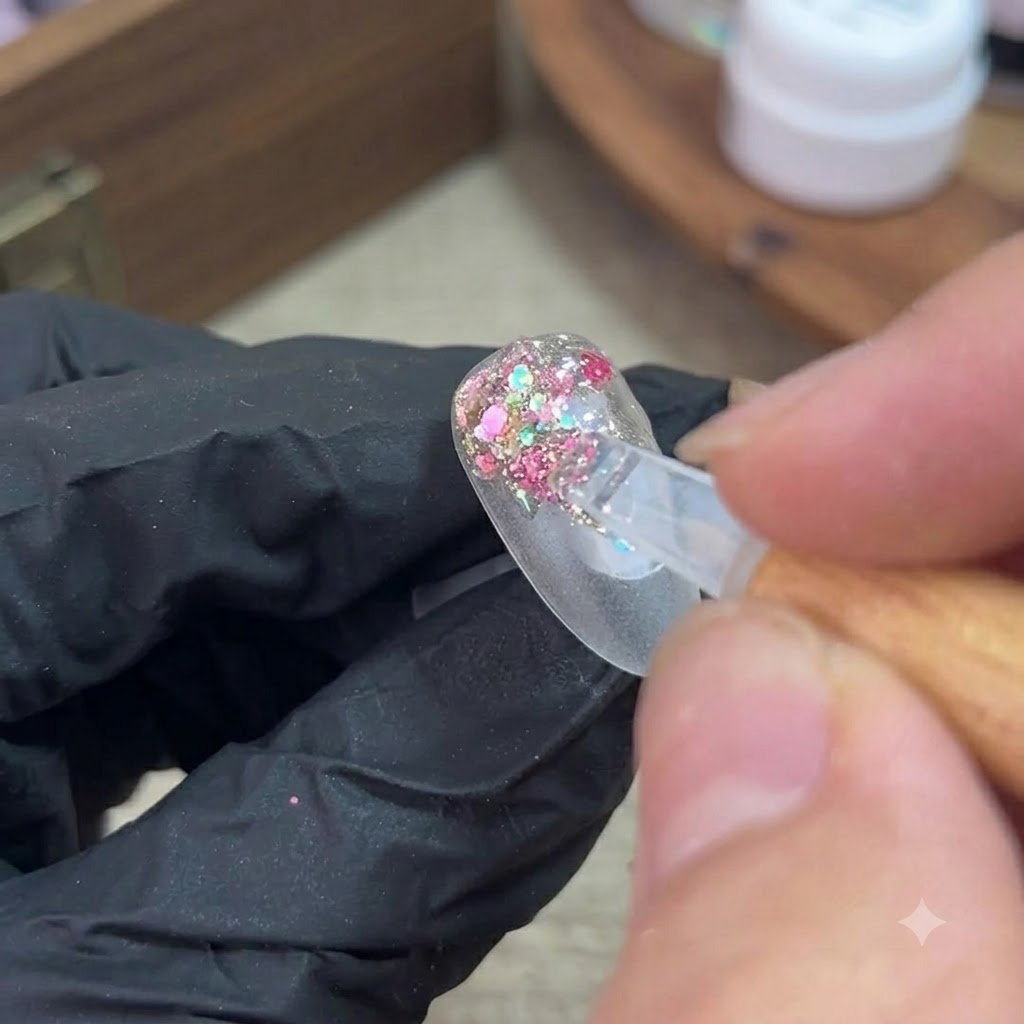 小さなブラシがクリアなネイルチップのベースの端にカラフルなグリッタージェルを塗っている様子。
