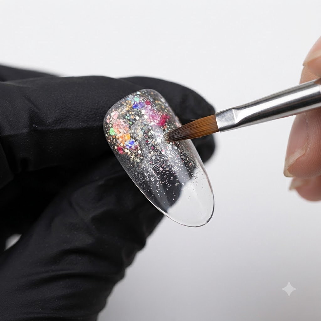 ブラシがネイルチップに沿ってグリッタージェルを下向きにフェザーさせ、オンブレグラデーションを作っている様子。