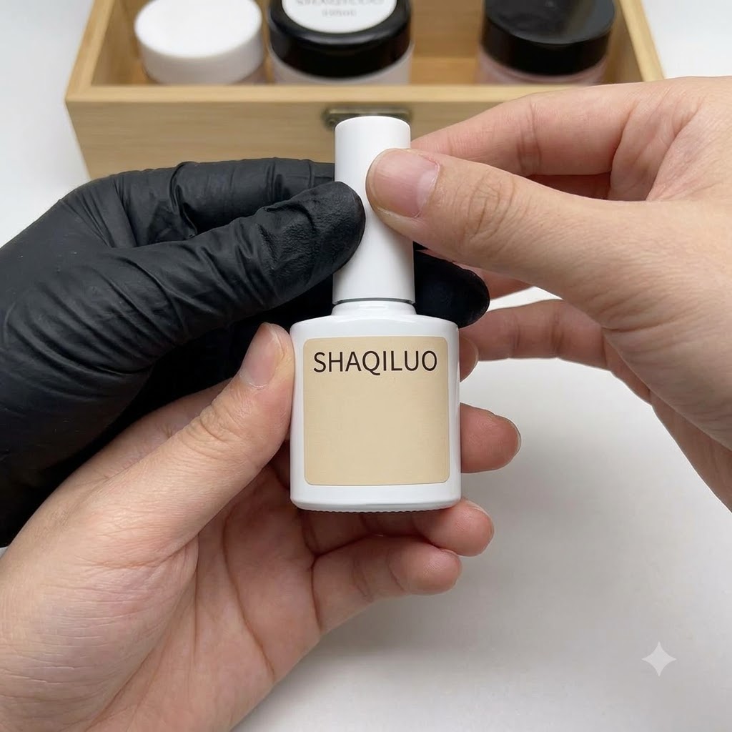 木製のテーブルトップの背景を背に、白いシャキルオ（Shaquiluo）のジェルポリッシュのボトルを手に持った手袋着用の手。