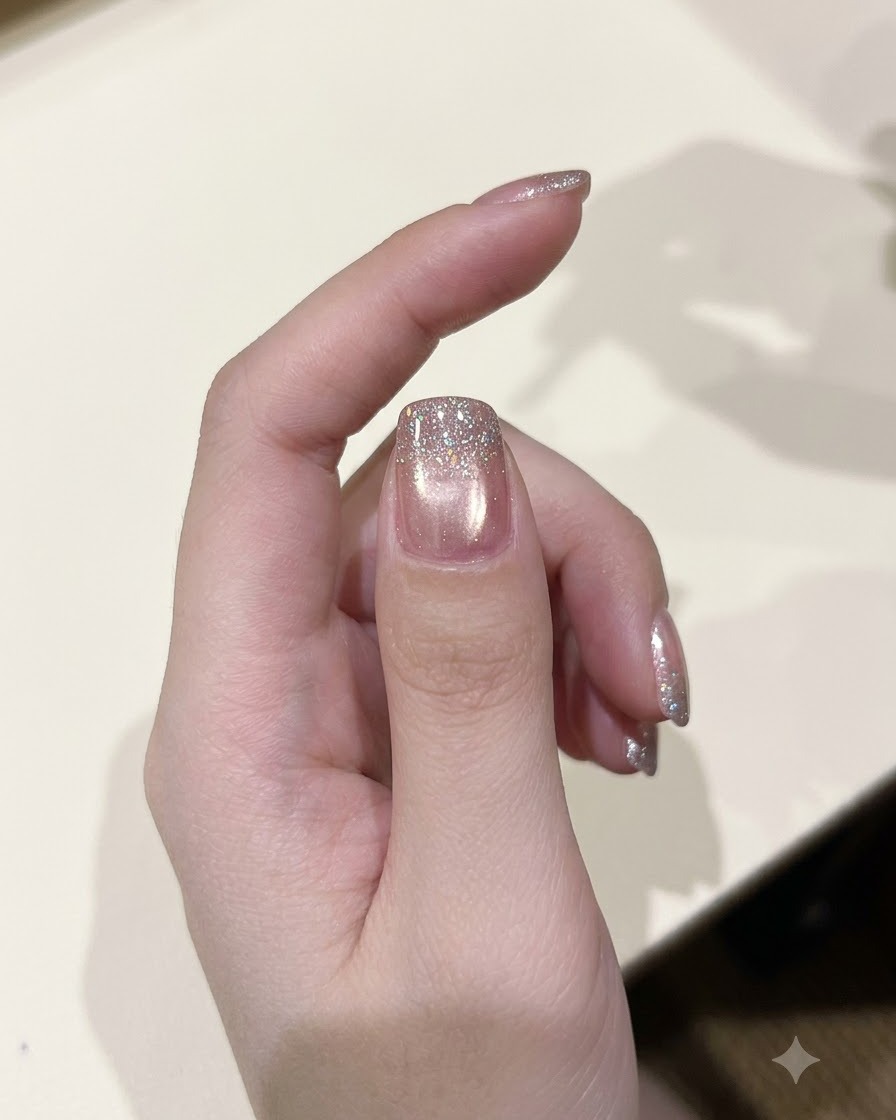 硬化済みのネイルの上に、ポリッシュブラシでスパークリングダイヤモンドグリッタージェルを重ねて塗布している様子。