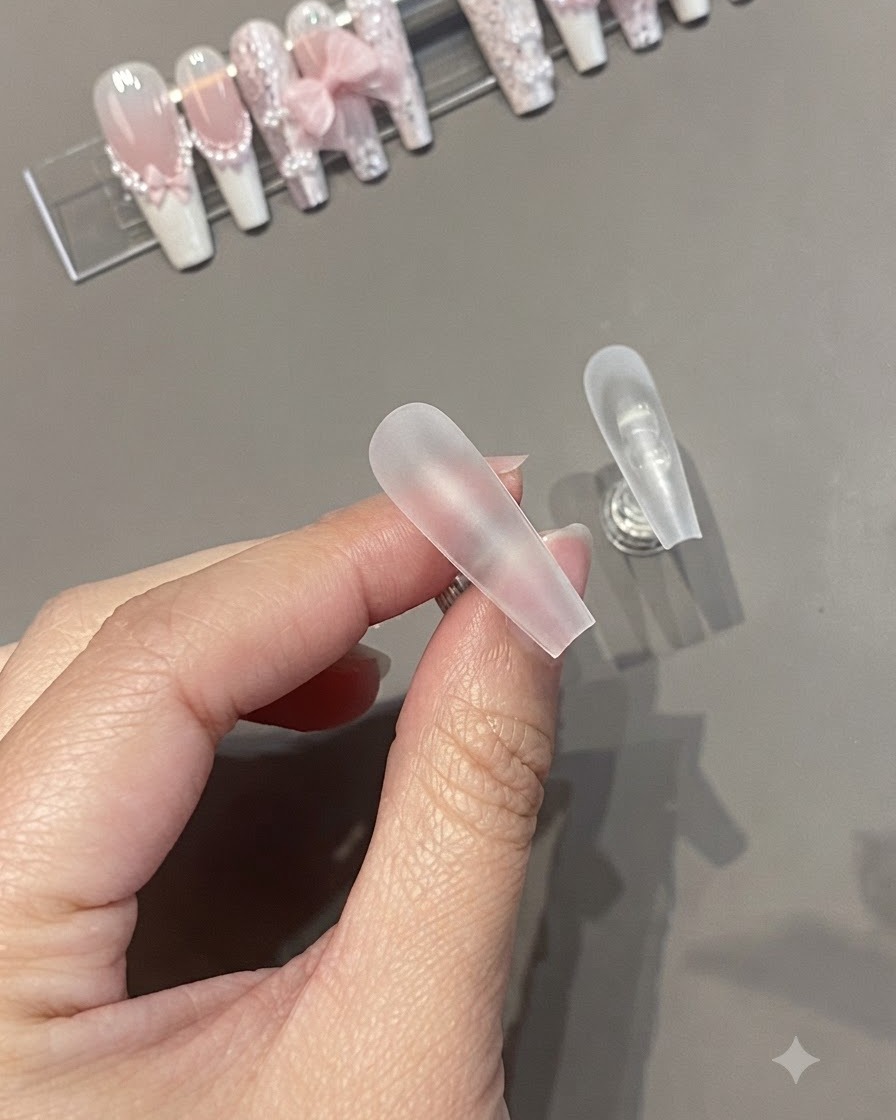 ポリッシュ塗布の準備のために、フロスト加工された人工爪の表面を持っている手のクローズアップ。