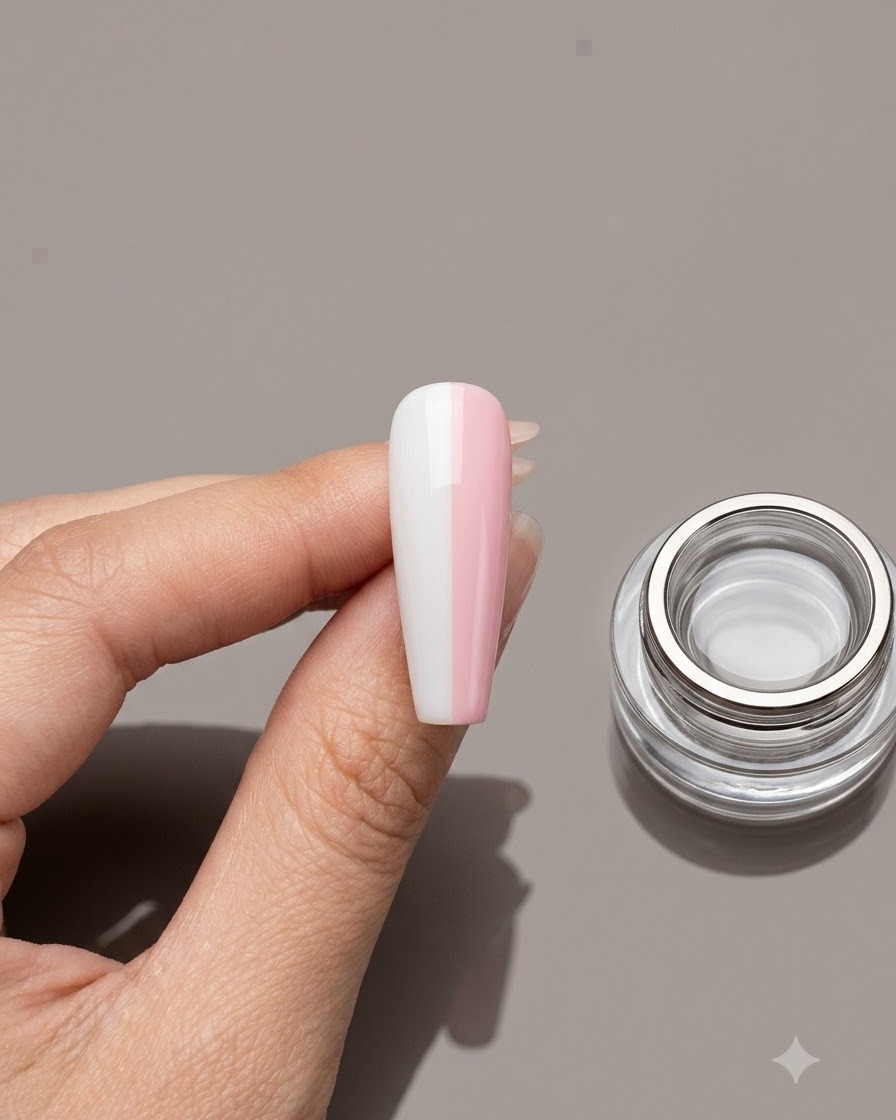 指に持たれた半分白と半分ピンクのネイルチップと、その横にあるクリアジェルのポット。